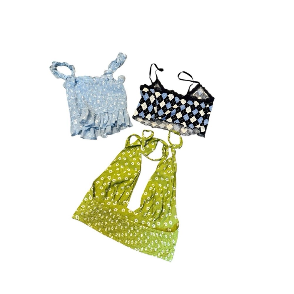 Summer Tops Lot Of 3 Size M Smocked Halter Cropped Green Blue Beach Vacation - Picture 2 of 11